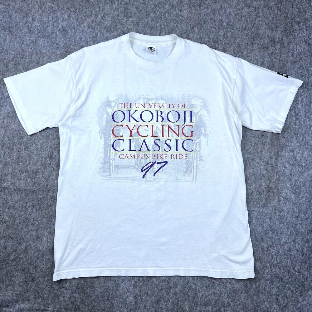 Vtg Starter Men's University Of Okoboji T-Shirt Iowa Cycling Classic White Sz L